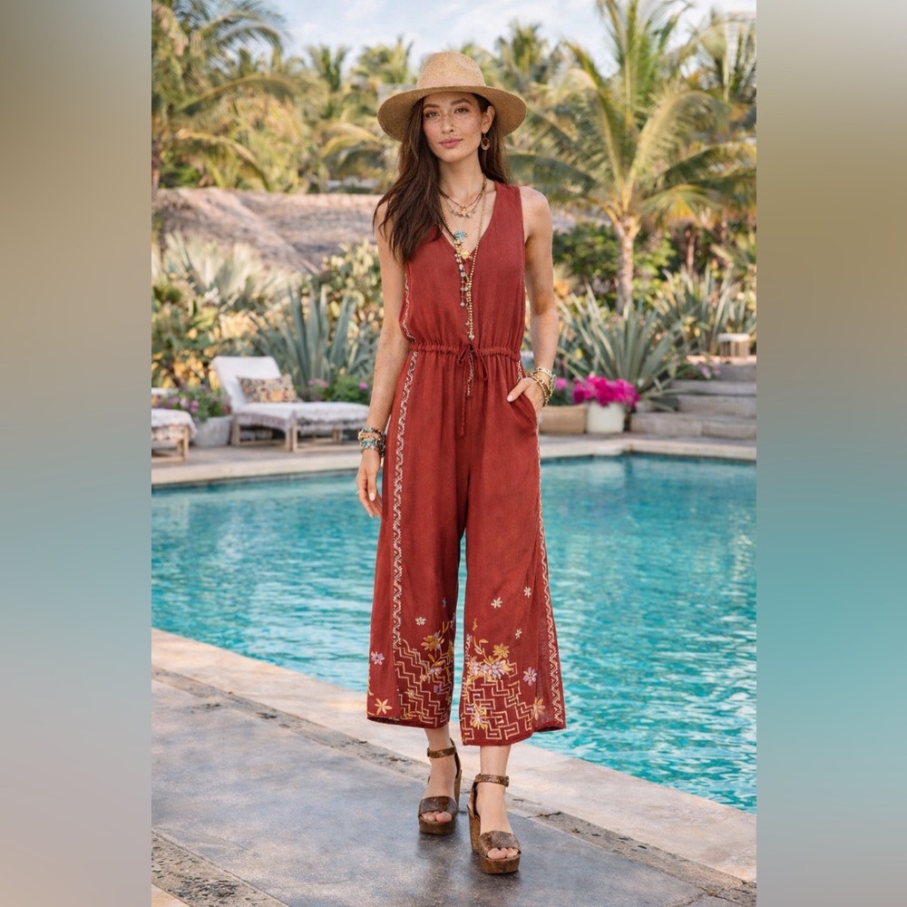 Johnny Was Rust Sleeveless Embroidered Wide-Leg Jumpsuit